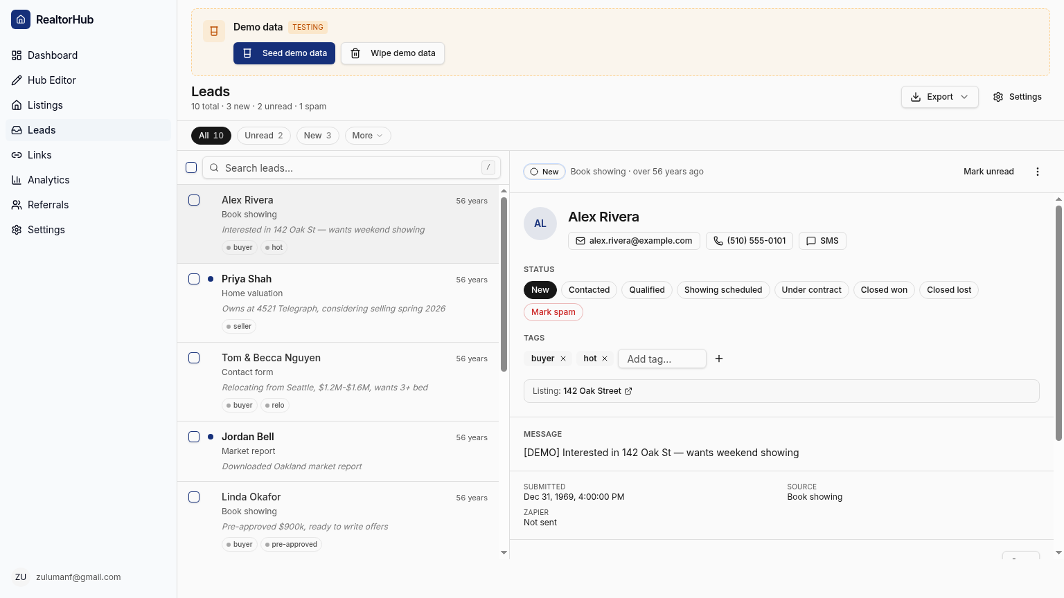 Live lead inbox with 10 leads — Book a Showing, Home Valuation, Market Report — and status pipeline